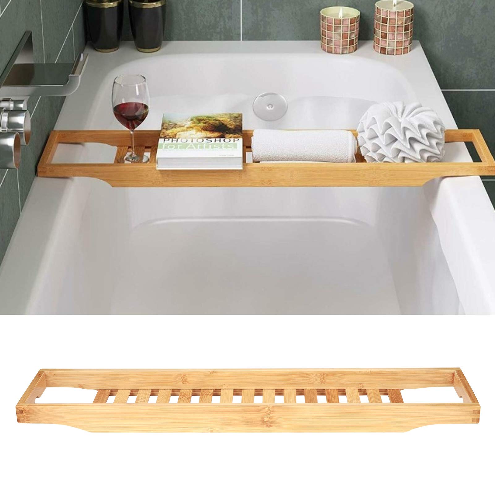 YWBL-WH Bandeja para Bañera, Organizador de Ducha Multifuncional con Material de bambú, Ideal para Leer y Disfrutar del Vino en el Baño