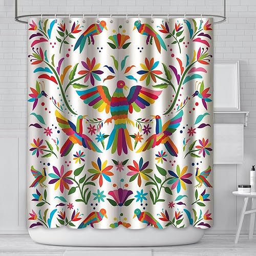 MEHOFOND Cortina de ducha estilo otomí de 72 x 72 pulgadas para baño, estilo mexicano, tradicional, mexicano, pájaro azul, rojo y blanco, tela