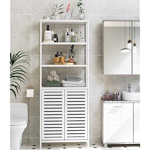 HIFIT Tall Bathroom Storage Cabinet, Bamboo Storage Cabinet with 2 Doors and 3 Tier Shelves, Bathroom Cabinet Freestanding, 67”H Bamboo Tall Cabinet for Bathroom Living Room Kitchen, White