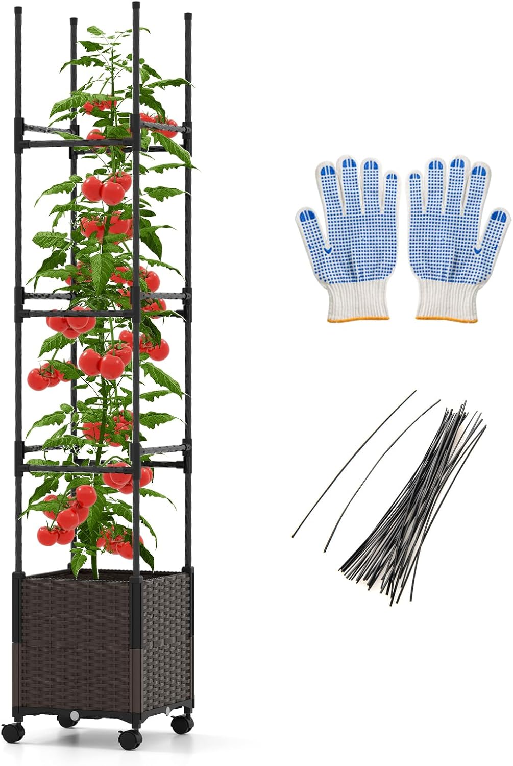 Giantex Raised Garden Bed Planter Box with Trellis, 87" Tomato Planter for Climbing Vegetables Flowers Vine Plant, Self-Watering Tomato Cage with Wheels for Garden Patio Outdoor & Indoor