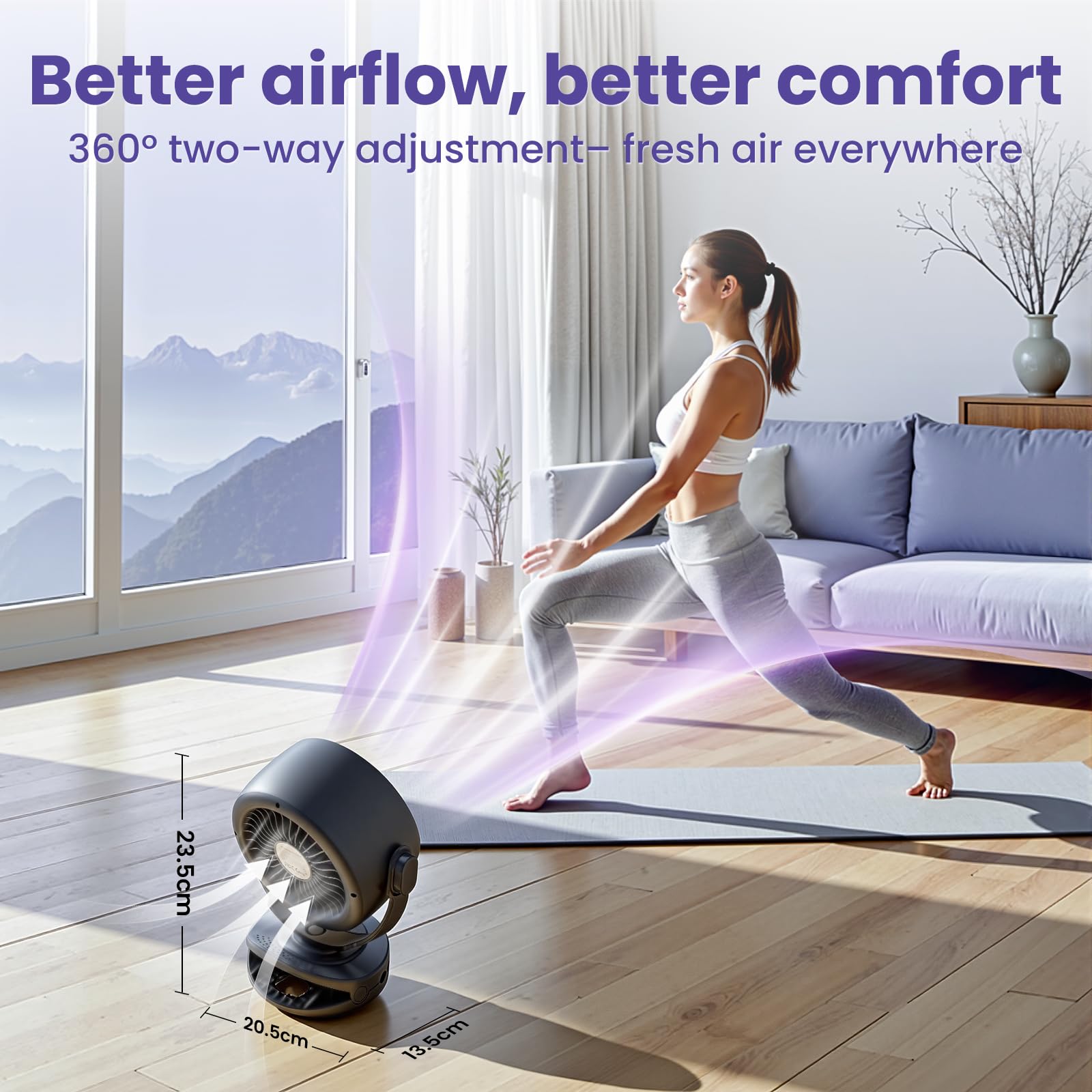 Ventilator Klein, 5000mAh USB Ventilator Akku mit Fernbedienung, 3-in-1 Design (Tisch/Clip/Wandmontage), 5 Stufen & 4 Timer, Dual 360° Rotation, für Schlafzimmer, Küche, Büro, Grau-Lila