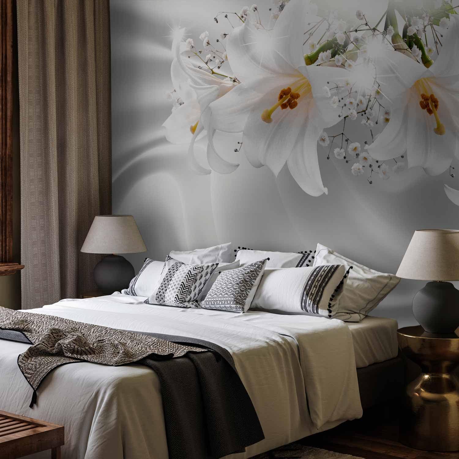 Fototapete murando Blumen Lilien 400x280 cm Vlies Tapeten Wandtapete XXL Moderne Wanddeko Design Wand Dekoration Wohnzimmer Schlafzimmer Büro Flur Blume Abstrakt weiß 3D Optisch Illusion b-C-0158-a-a