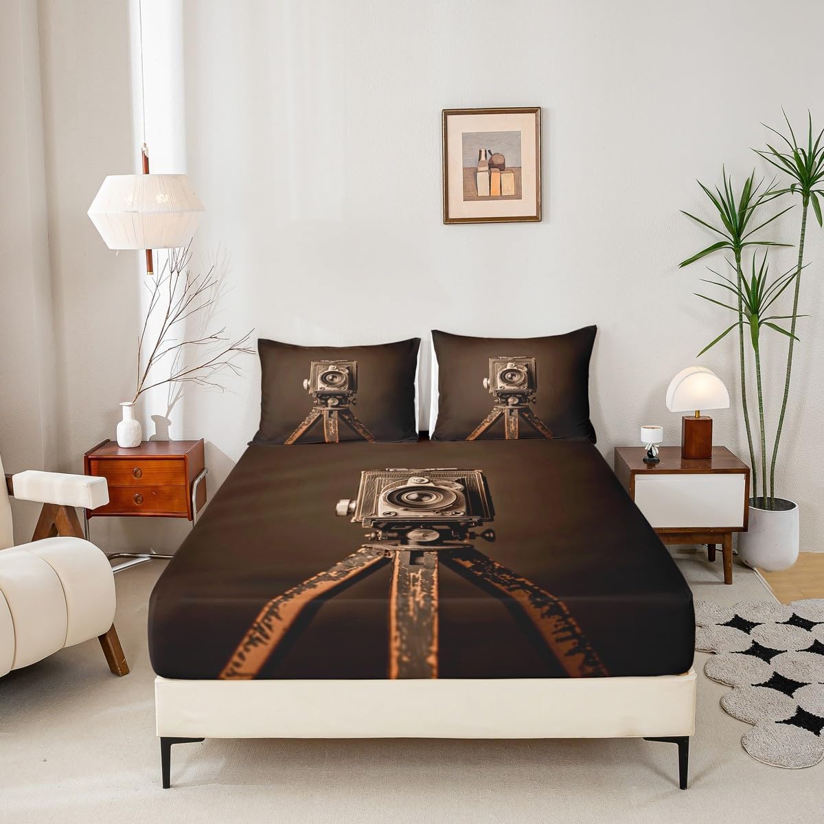 70s Movie Theater Fitted Sheets Queen Size,Retro Movie Bedding Set 3Pcs for Kids Teens Woman Men Room Decor,Film Equipment Bed Sheet Brown Black Soft Cozy Deep Pocket Sheet,2 Pillowcases