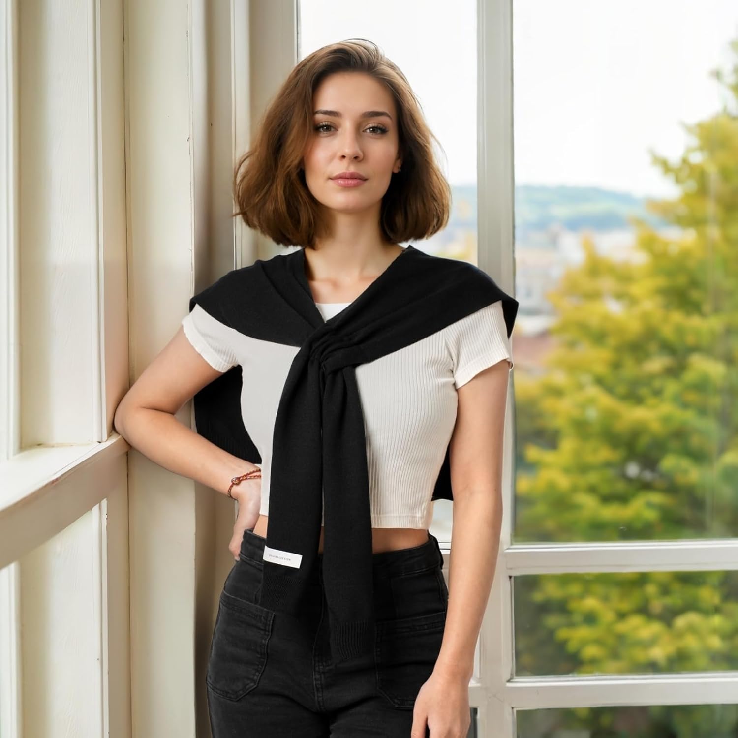 Women's Sweater Shawl Wraps Sleeves Knitted Collar Sweater Scarf Top Casual Lightweight Shoulder Cape Accessories - Image 2