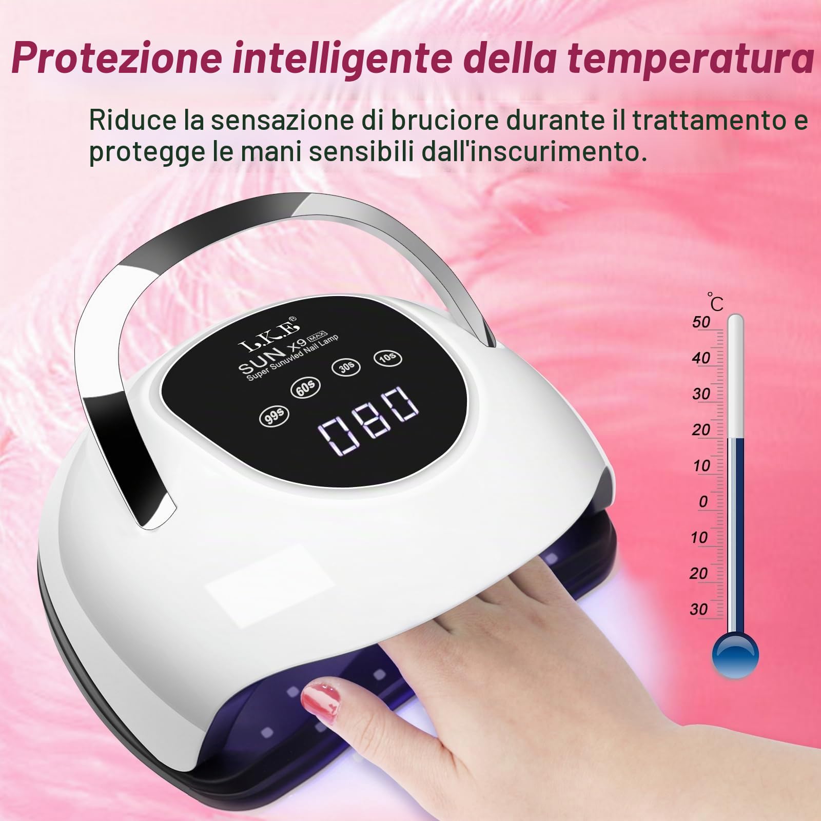 Lampada UV per unghie in gel, 220 W, professionale, veloce, lampada UV con 4 timer, touchscreen, sensore automatico, impugnatura portatile, lampada LED per unghie