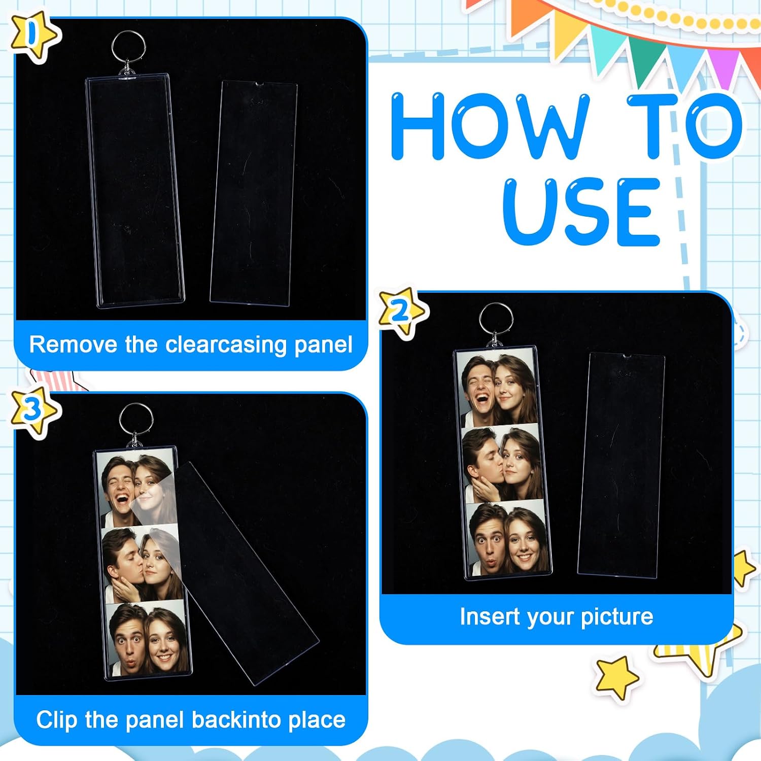 MTLEE Photo Strip Keychain Frame 2 x 6 Inch Clear Acrylic Photo Booth Keychain Double Sided Picture Keyring Holder Blank