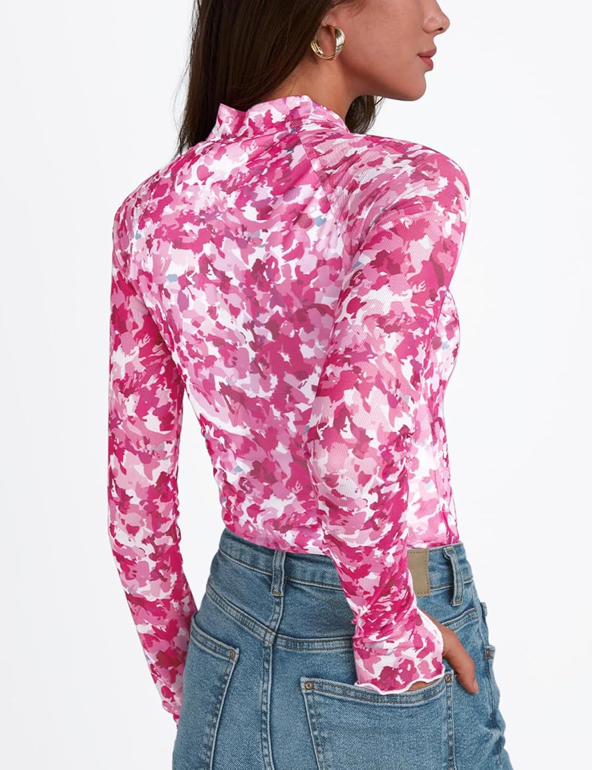 Arssm Women's Floral Mesh Long Sleeve Mock Neck Tops - Image 3