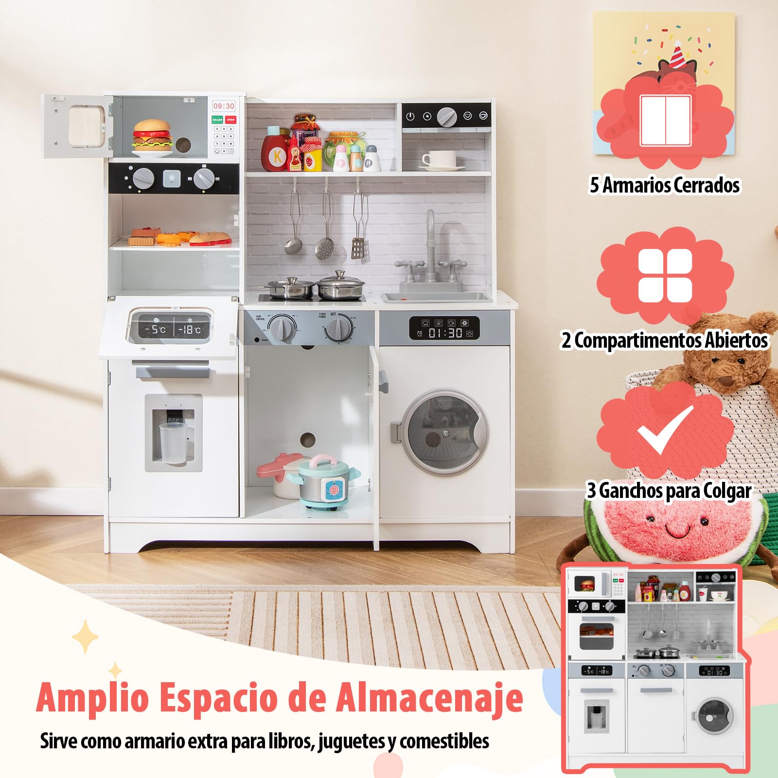 COSTWAY Cocina Madera Infantil, Cocinita Infantil con Luz y Sonido, Fregadero, Grifo, Dispensador de Agua, Microondas, Horno, Utensilios, Lavadora, Cocina Juguete para Niños de 3+Años