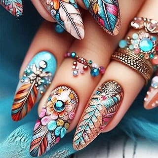 Feather Press on Nails Flower Medium Almond False Nails Owl Acrylic Fake Nails Glossy Multicolor Plume Stick on Nails Curve Line Gel Glue on Nails for Coquette Women Girls 24Pcs