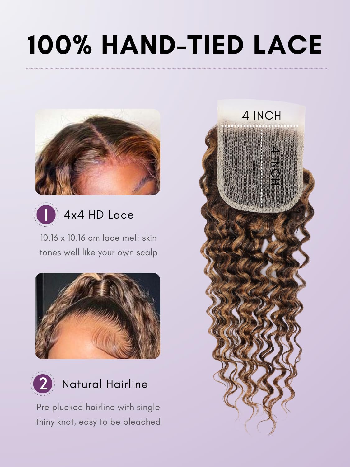 Honey Blonde Highlight Deep Wave Closure Only Human Hair, 100% Hand Tied 12A Brazilian Virgin 4x4 HD Transparent Lace Closure Pre Plucked P4/27 Ombre Brown Curly Lace Closure Sew In Remy 16 Inch