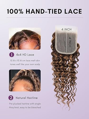 Vista 3 de Cierre de encaje profundo con reflejos rubio miel, 100% hecho a mano, 12A, brasileño virgen, 4 x 4, encaje transparente de alta definición