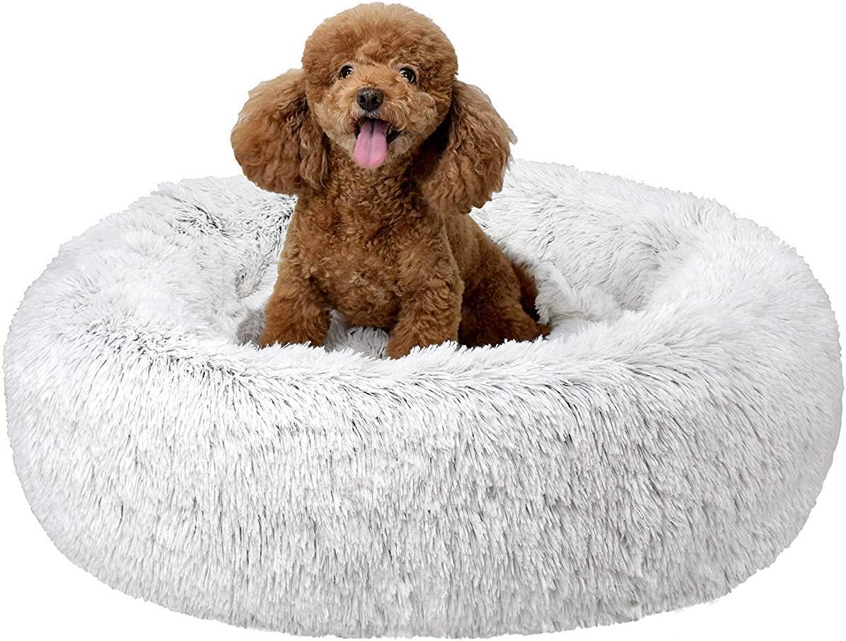 Donut Cat Dog Bed, Faux Fur Marshmellow Dog Cat Bed, Self Warming Cuddler Washable Round Pet Bed for Cats and Small Dogs 20" Grey