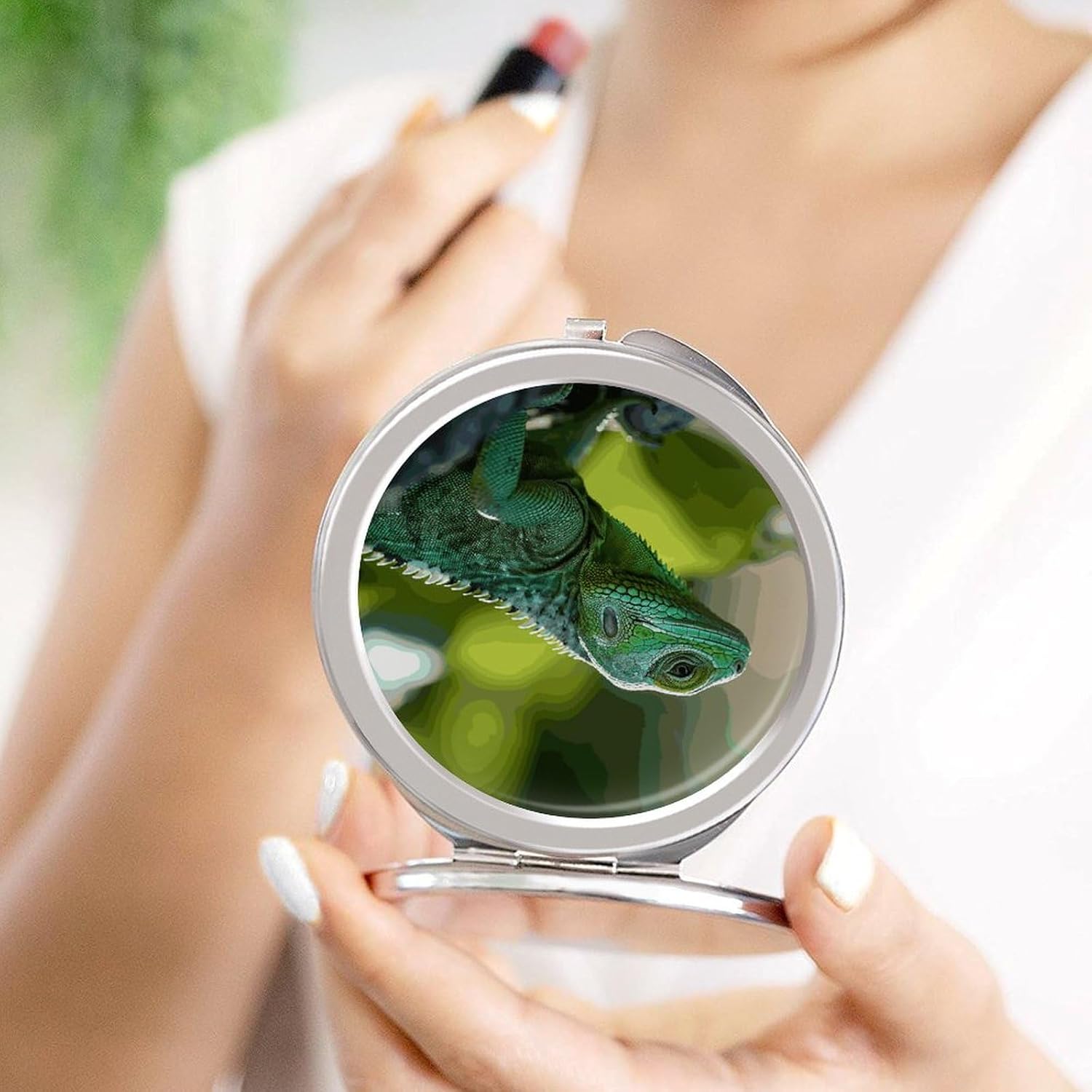 Travel Green Lizard Makeup Mirror Compact Pocket Vanity Mirror Double-Sided 2X /1x Magnifying Round Folding Handheld Cosmetic Beauty Mirrors for Purse Handbag image 4