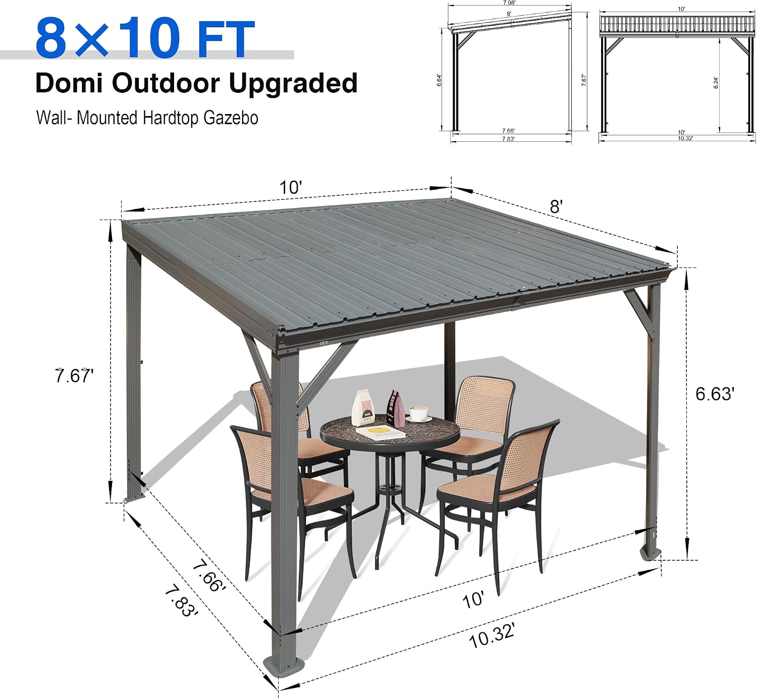Domi 8x10FT Lean to Gazebo, Outdoor Hardtop Wall Mounted Gazebo with Sloping Galvanized Steel Roof, Upgraded Heavy Duty Mounted Shelter with Drainage System for Deck, Porch, Backyard
