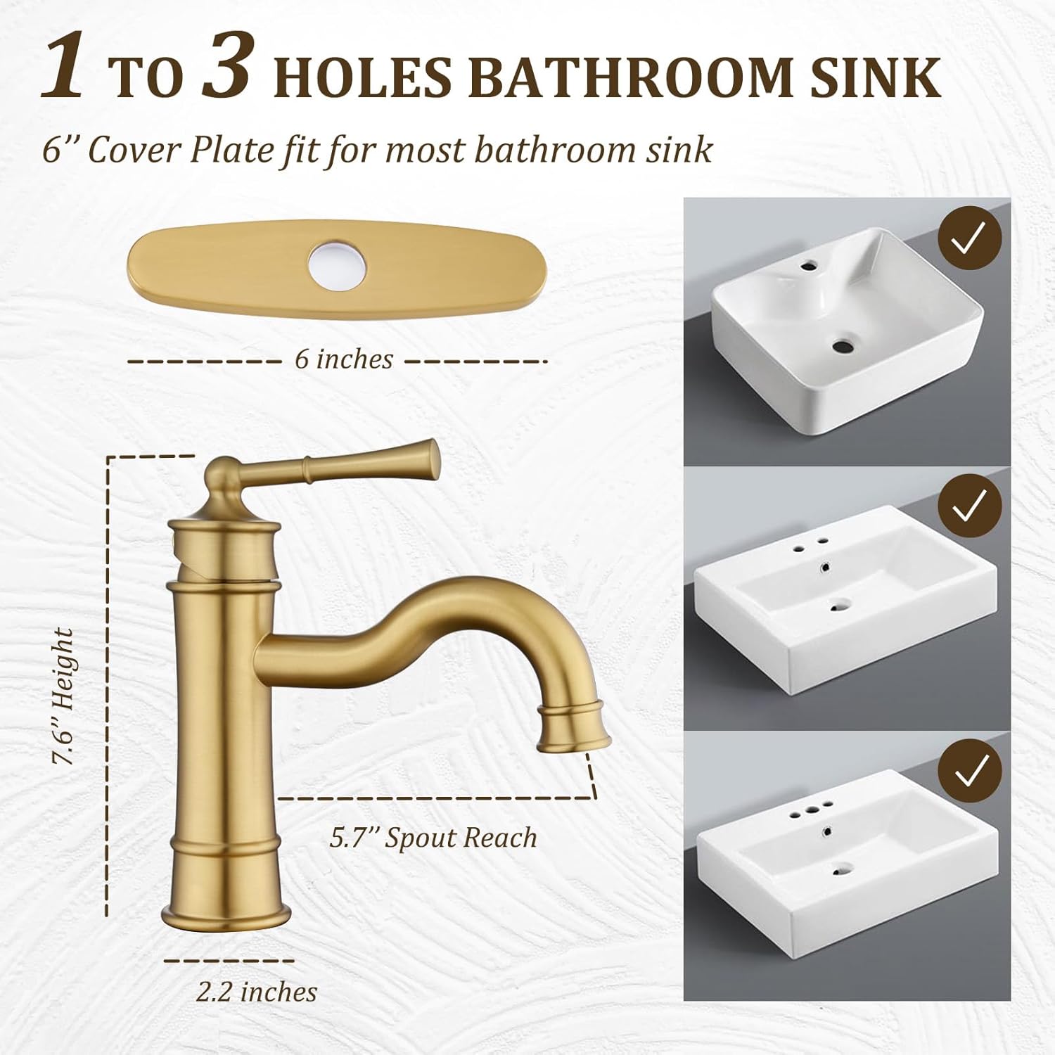 Brushed Gold Bathroom Sink Faucet, Single Handle 1 or 3 Hole Vanity Basin Faucets with Deck Plate, Vintage Long Spout Solid Brass Faucet for Sink with Pop-up Drain Assembly NL-2201BG