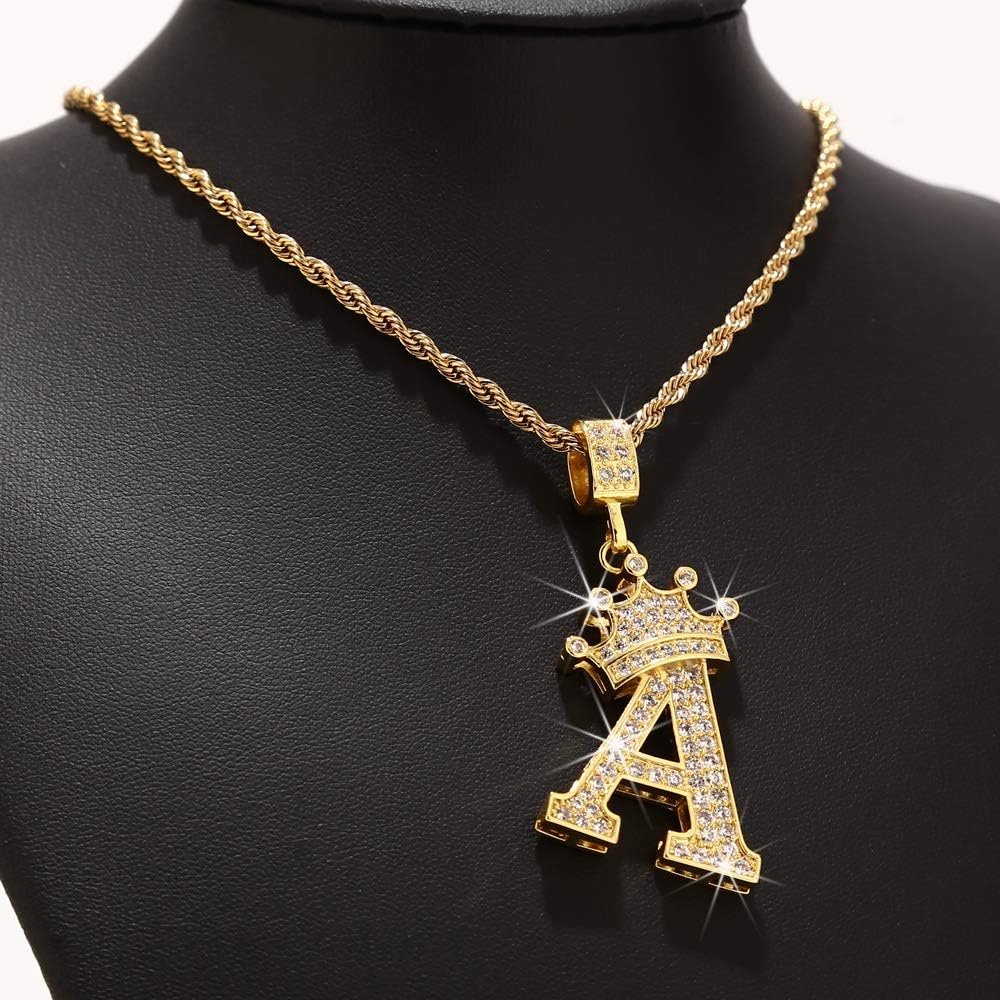 A-Z Letters Necklace Crown Necklace for Men Women 18K Gold Plated Letters Pendants with 23'' Chain Hip Hop Alphabet Name Jewelry Mom Gifts