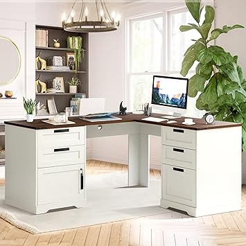 Grepatio 60" Farmhouse L Shaped Desk with Drawers, Executive Desk with Storage, Home Office Corner Desk with Charging Station, 2 Person Computer Writing Desks, Key Lock Filing Cabinet Antique White