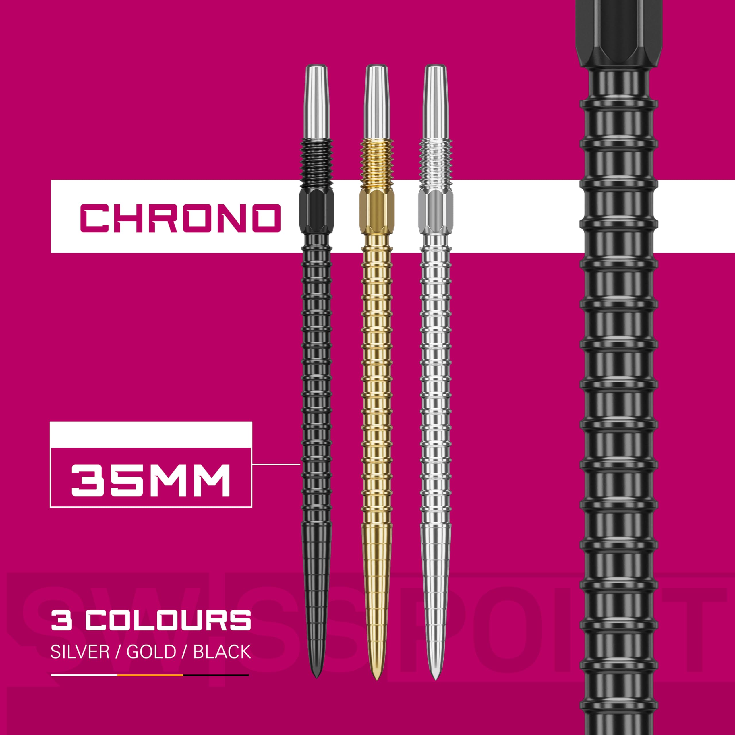 Target Darts Swiss Point Dart Points, Chrono (3 Packs de Pointes) 26MM/30MM/35MM/40MM - Or/Argent/Noir | Changer de fléchette Points, Swiss Storm Points, Accessoires de fléchettes Professionnels