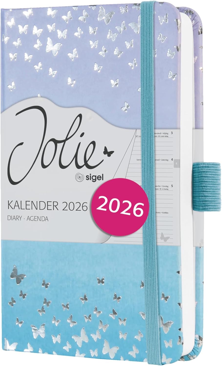 SIGEL Jolie J6346 Weekly Planner 2026, Butterfly Confetti Candy, Approx. A6, Hard Cover, Elastic Band, Pen Loop, Slip Pocket, 174 Pages, Vegan, Made from Sustainable Paper, Diary