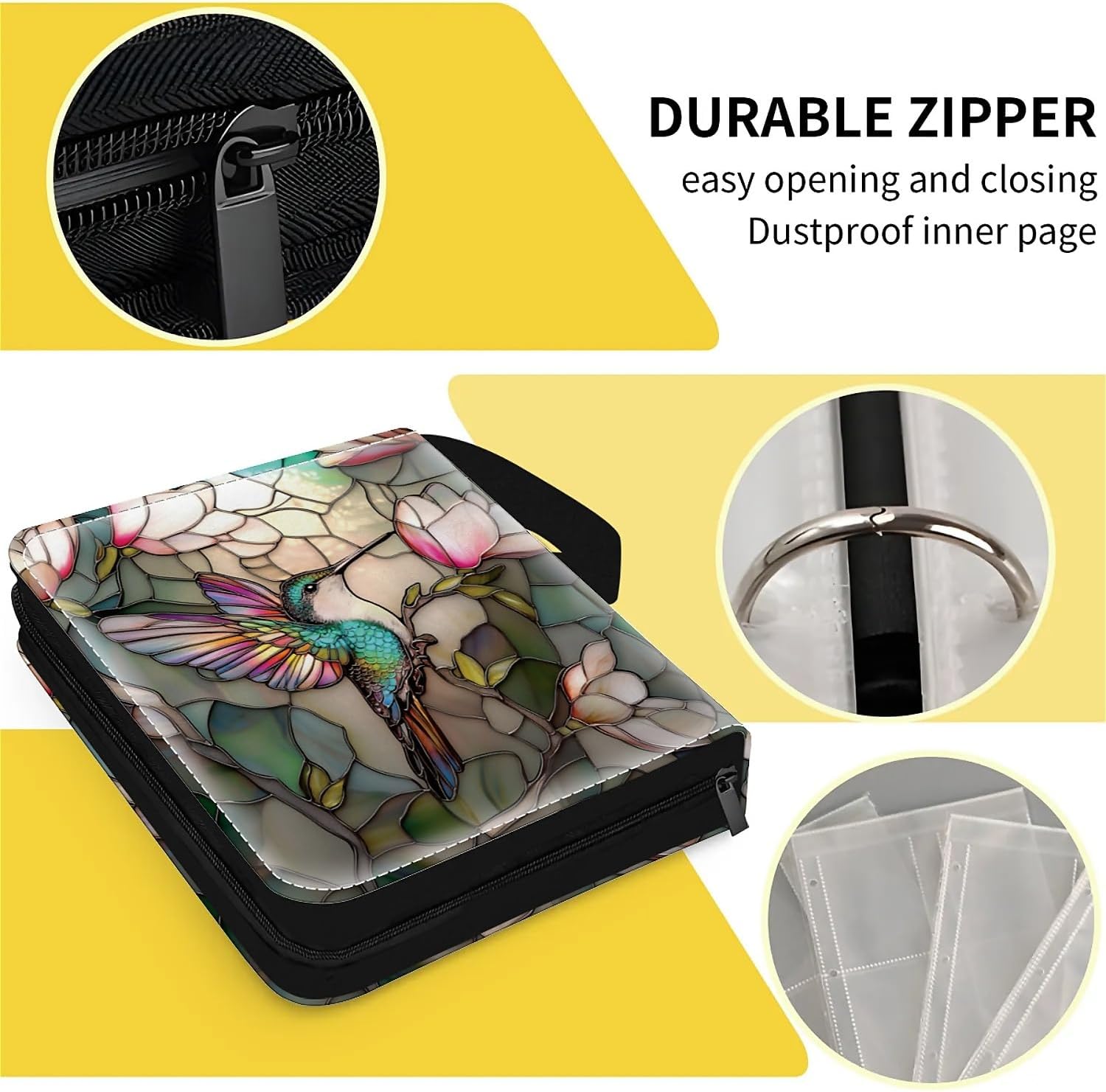 Card Binder 900 Pockets, 50 Sleeves Large Binder Trading Cards Holder 9 Pocket, Storage Organizer, Album Folder Case Protector Collector Gift 3D Stained Flower Looking Hummingbird