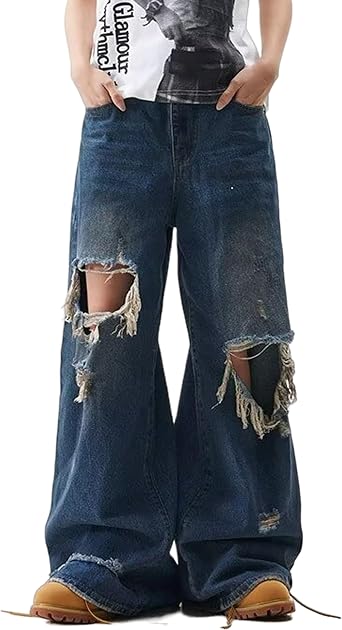 Y2k Baggy Denim Pants Hip Hip Ripped Jeans Wide Leg Jeans Grunge Pants Shredded Jeans Casual Jean Pants