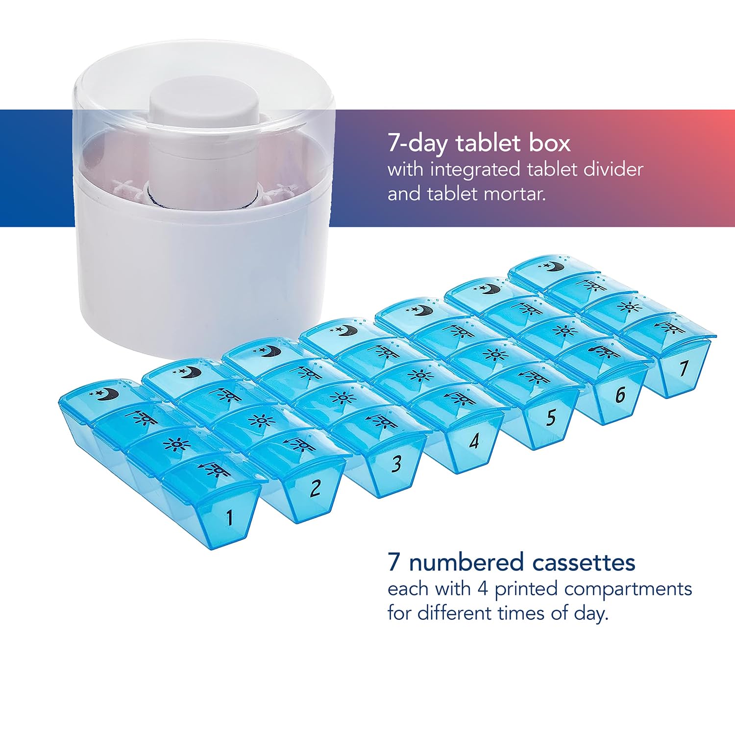 First Aid Only Pudełko na tablet 7 dni, pudełko na leki z 4 przegródkami na rano, południe, wieczór, noc, kompaktowe pudełko na tabletki w podróży z przegrodą na tabletki i moździerziem | P-10000