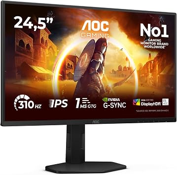 AOC 25G4SXU 25 inch FHD Gaming Monitor 310Hz, Fast IPS Panel, 1ms GtG, HDR400, G-Sync Compatible, Height Adjustment, 1920x1080 HDMI 2x 2.0 DP 1x 1.4 USB Hub Black