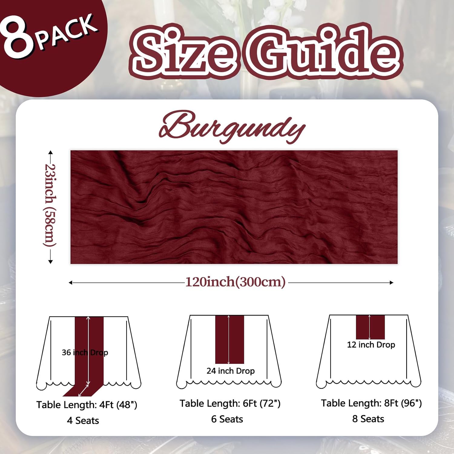 8 Pack Burgundy Cheesecloth Table Runner 10ft Boho Gauze Fabric 120 Inch Cheese Cloth Table Runner Rustic Sheer for Holiday Baby Shower Party Décor Home Wedding Decoration
