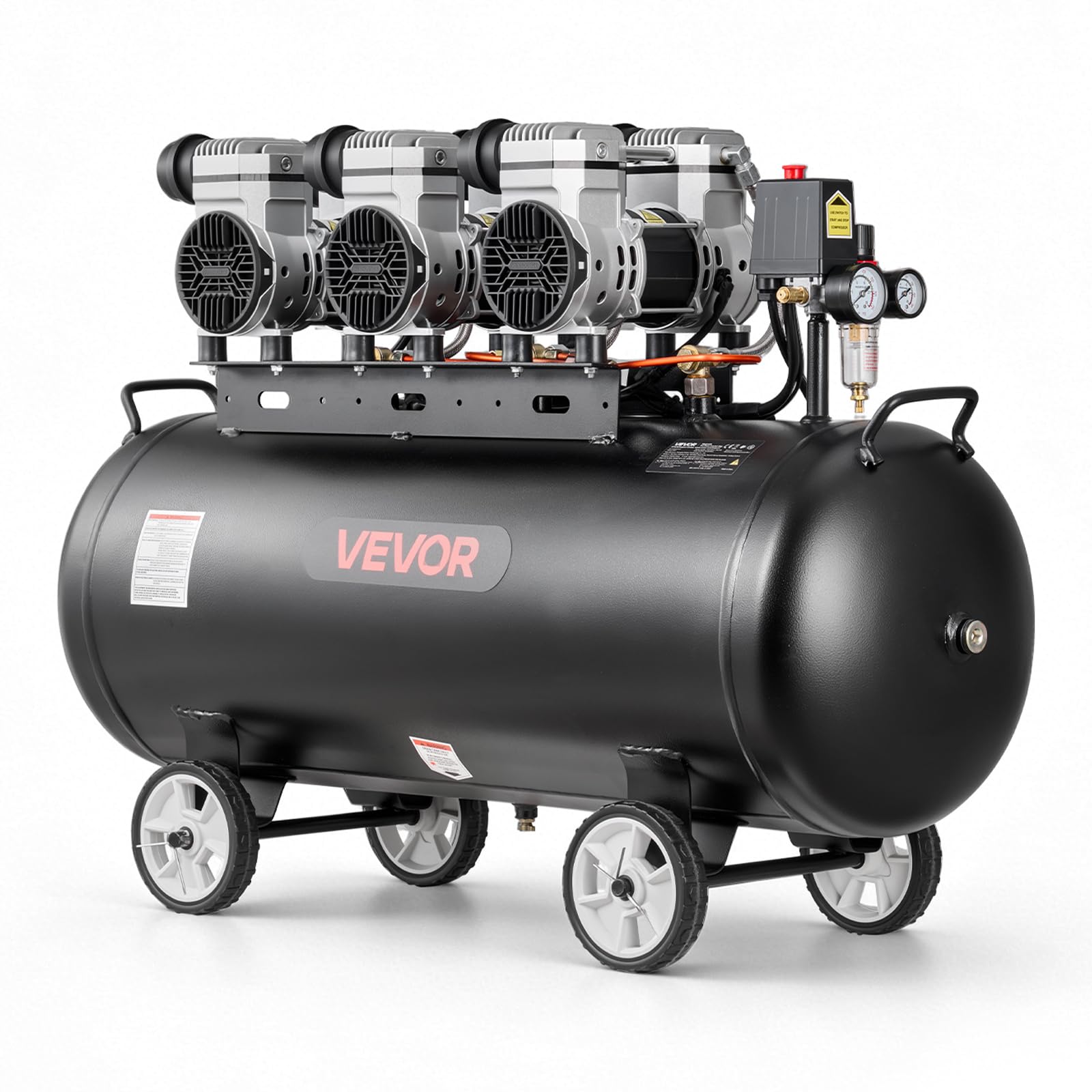 VEVOR Compresseur à Air 100 L Réservoir Compresseur d'Air sans Huile 3 kW pour Réparation Automobile, Gonflage Pneus, Peinture Pistolet, Clouage Bois, 198 L/min à 6,2 bar, Max. 8 bar, Portatif Mobile