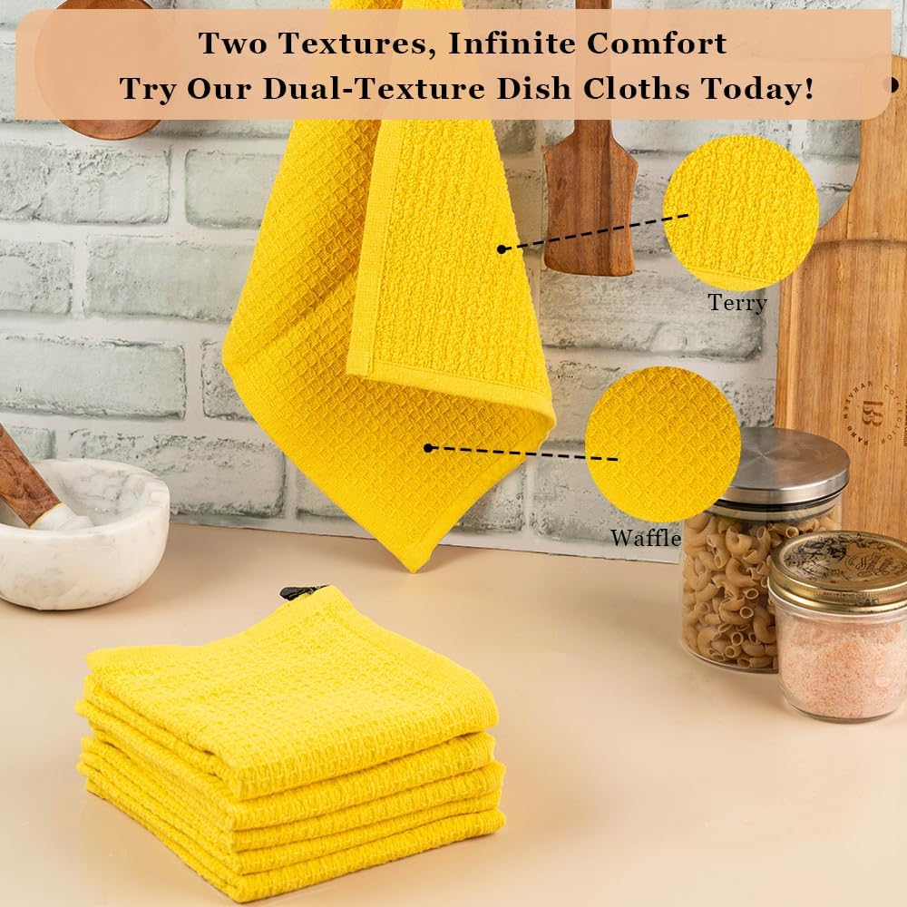 DishCloths Kitchen|Waffle Terry Check Weave Hand Towels|Cotton 12x12" Reusable Dish Rags Washing Scrub Cleaning Dishes|Dish Bar Mop Towels Hand Wipes|Spring Easter Basket Decor|6 Pc -Lemon Yellow - Image 3