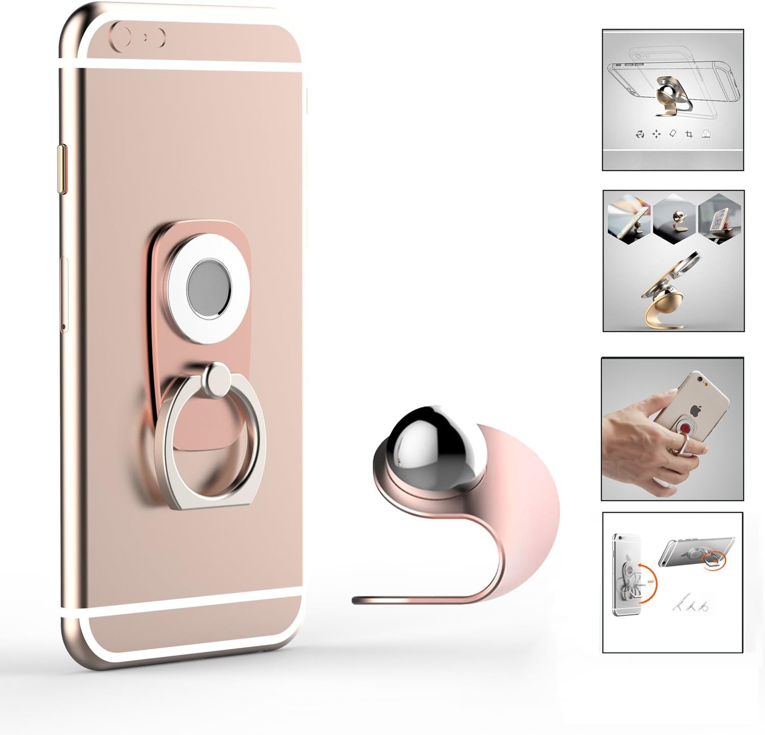 LEIMI Universal Phone Finger Grip 360 Rotation Magnetic Car Dash Holder Stand Mount Ring with 3M Double-sided Adhesive Tape to Stable on Any Flat Surface (Rose Gold)