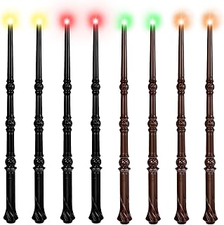 KingVows Light Up Magic Wizard Wand with 4 Color Lights & Sound - Set of 8 Illuminating Witch Sorcerer Toys for Kids Cosplay Party, Brown & Black