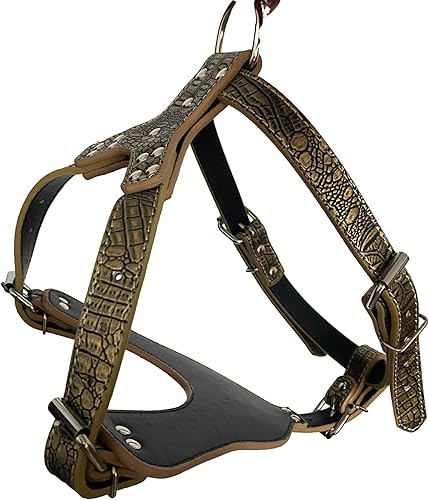 Miniatura 3 de Pimaodog Arnés de cuero suave para perro, pechera grande de Pitbull Mastín Boxer para 26  34 pulgadas ajustable (marrón dorado)