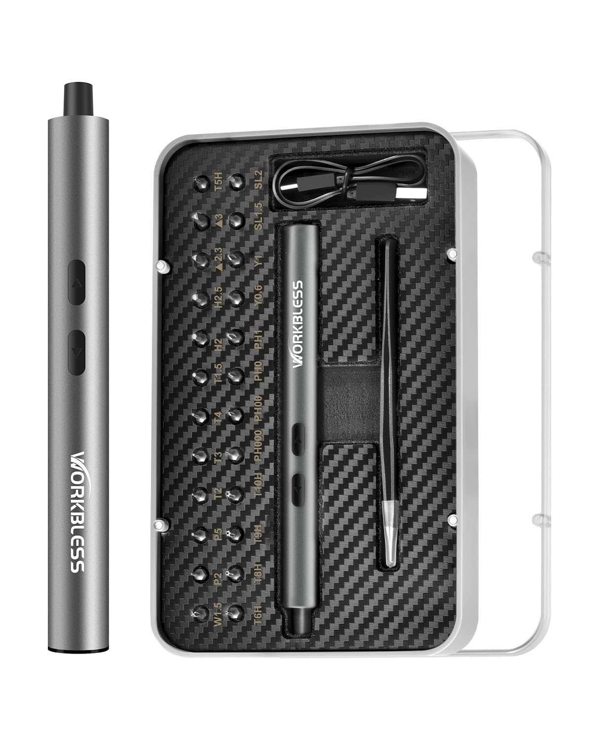 WorkBless Mini Electric Screwdriver 3 7V Precision Screwdriver Set 24-in-1 Magnetic Bits USB-C Rechargeable Repair Tool Set for