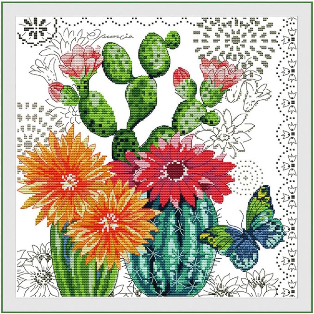 Qeerysew Cross Stitch Kits Stamped Full Range of Embroidery Starter Kits for Beginners DIY- Printed Kits Prickly Pear Flower(Printed) 11CT18.9x18.9inches