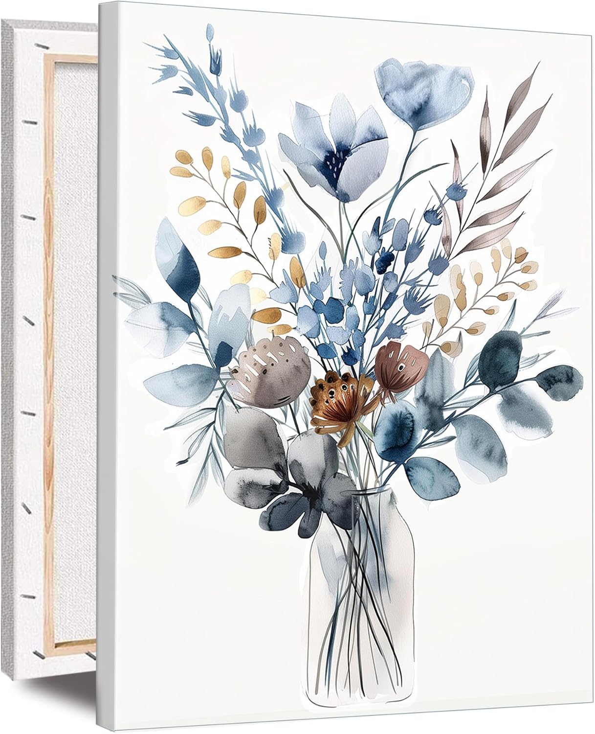 ALMLZL Framed Blue Flowers Canvas Wall Art - Minimalist Watercolor Bouquet in Glass Vase with Farmhouse Green Plants, 16x24 Inch Ready to Hang