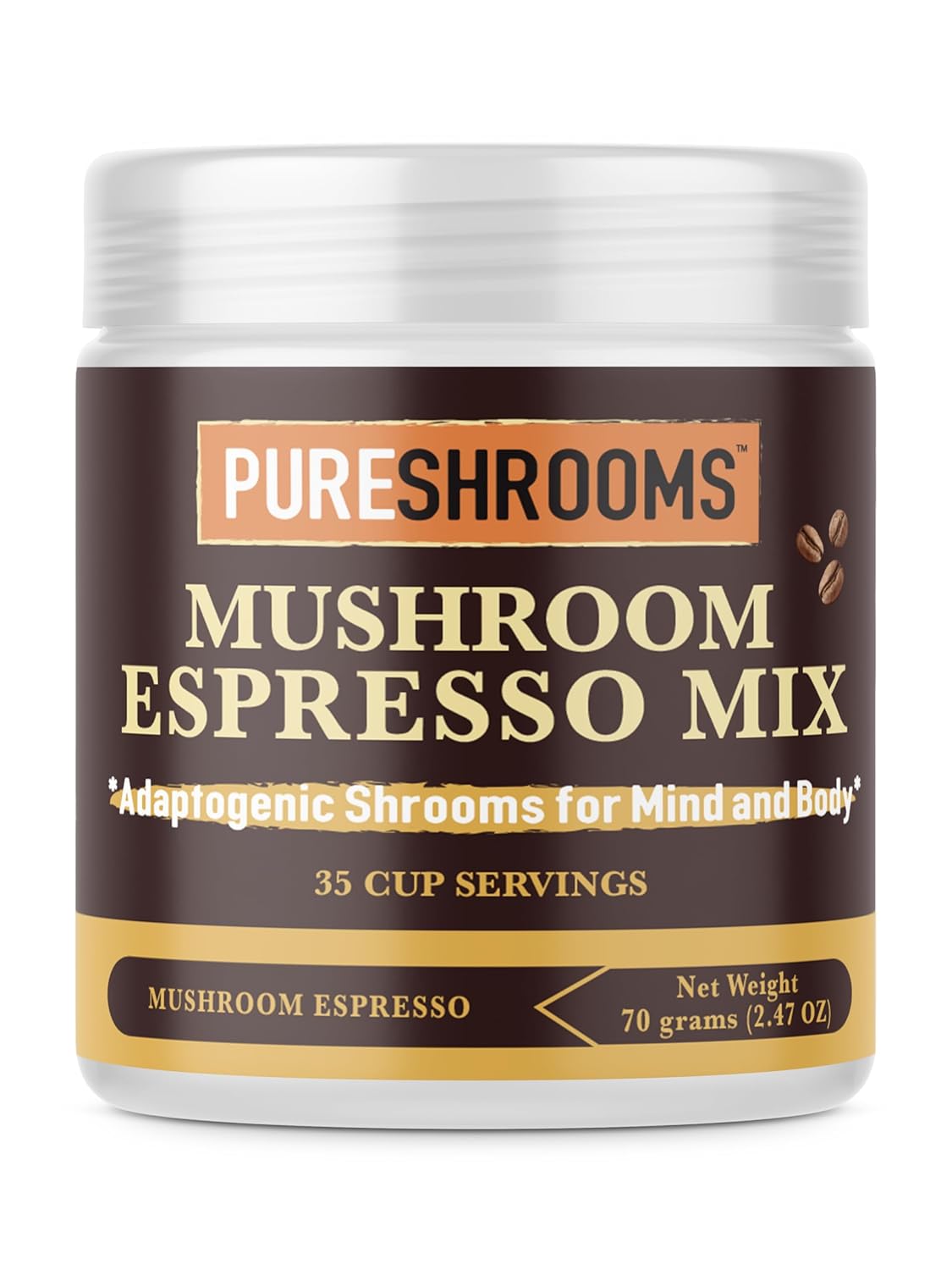 PureShrooms Instant Mushroom Espresso Blend - Organic Adaptogenic Coffee with Lion's Mane, Reishi, Cordyceps - Arabica & Robusta Blend, 70g - Mental Clarity & Physical Boost, 35 Servings
