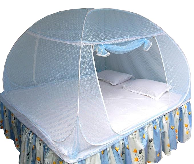 Healthy Sleeping Foldable Pop up Polyester Mosquito Net for Double Bed, Strong & Durable Mosquito Net, King, Queen Size Foldable Machardani (Embroidery Sky Blue)