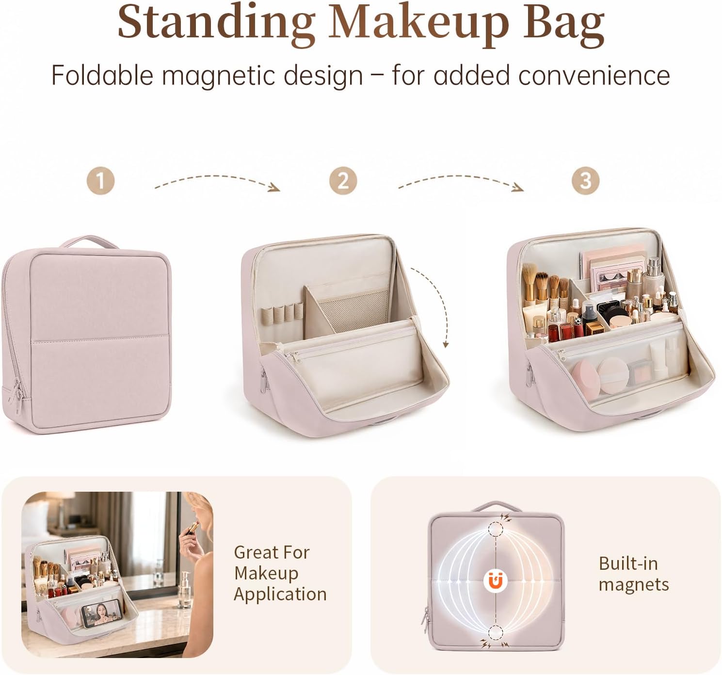 Travel Makeup Bag Standing Folding Leather Cosmetic Organizer with Handle