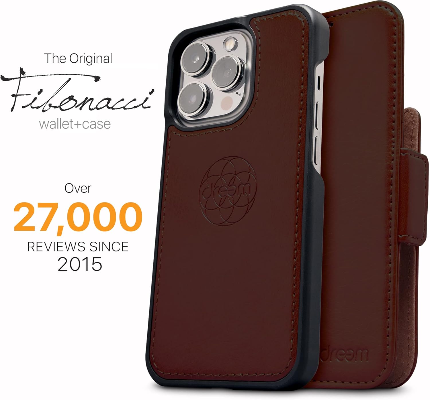 Dreem Bundle: Fibonacci Wallet-Case for iPhone 14 Pro Max with Om AirPods 1 & 2 Case Cover - Coffee