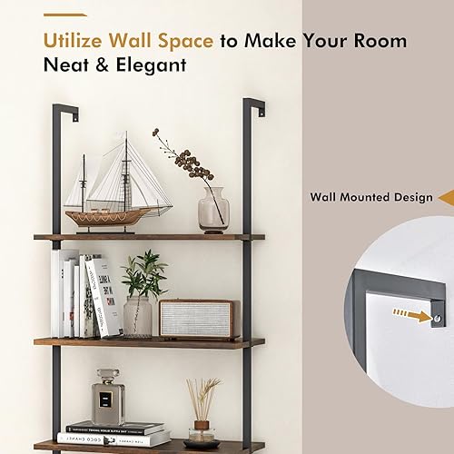 Miniatura 6 de Giantex Estantería moderna de 5 niveles para montar en la pared, color marrón rústico, estantería industrial de madera de 71 pulgadas con marco de