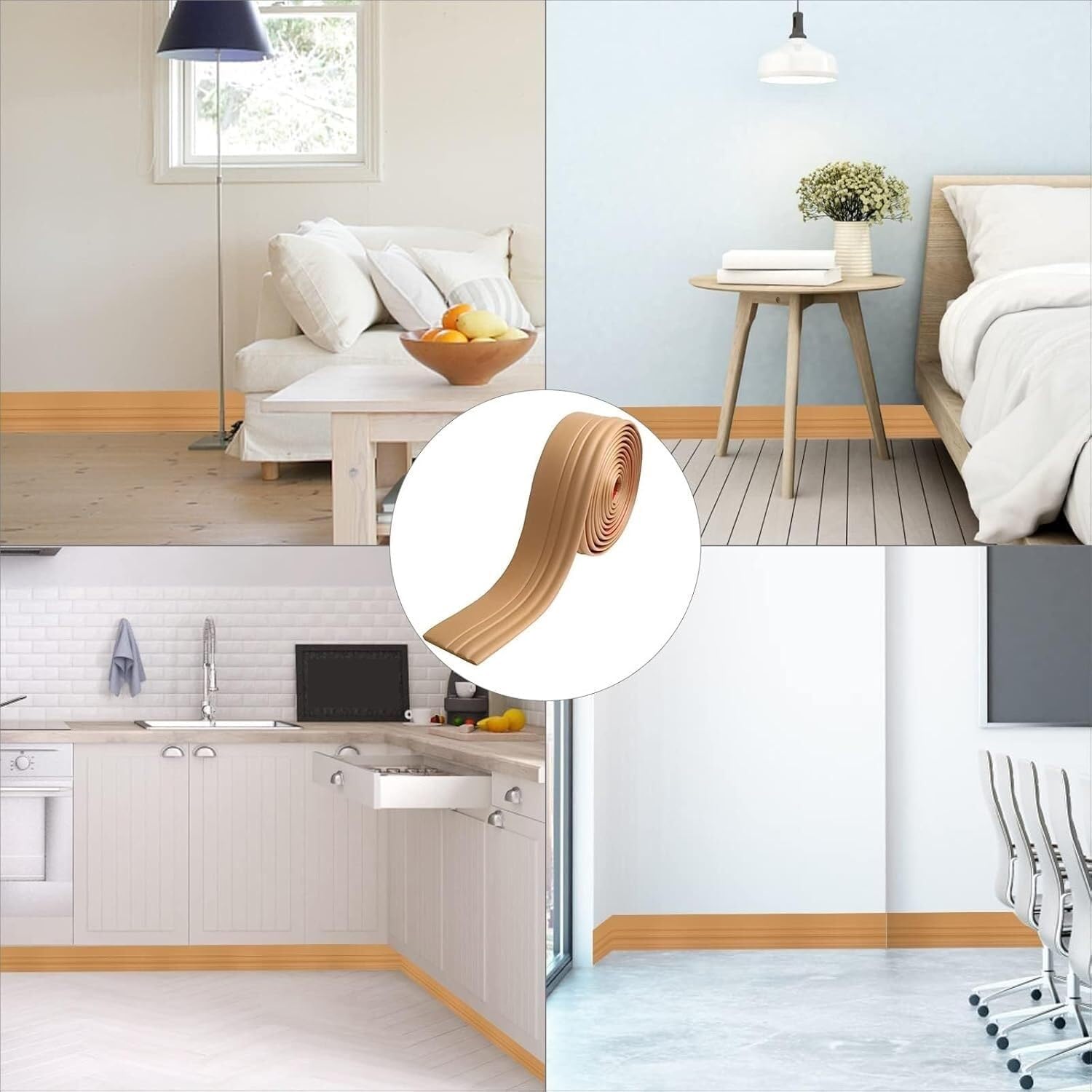 KaTiak Flexible Baseboards Molding Trim，16.4FT Vinyl Wall Base Baseboard Trim 4" Self Adhesive Rubber Peel and Stick Design, Moulding(White)