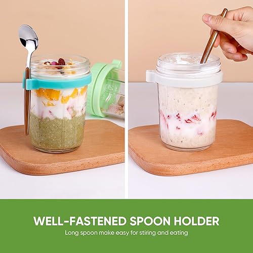 Miniatura 5 de KITCHOP Recipientes de avena durante la noche con tapas y cuchara, tarros de mason, recipiente de avena de vidrio de 16 onzas para llevar para pudín
