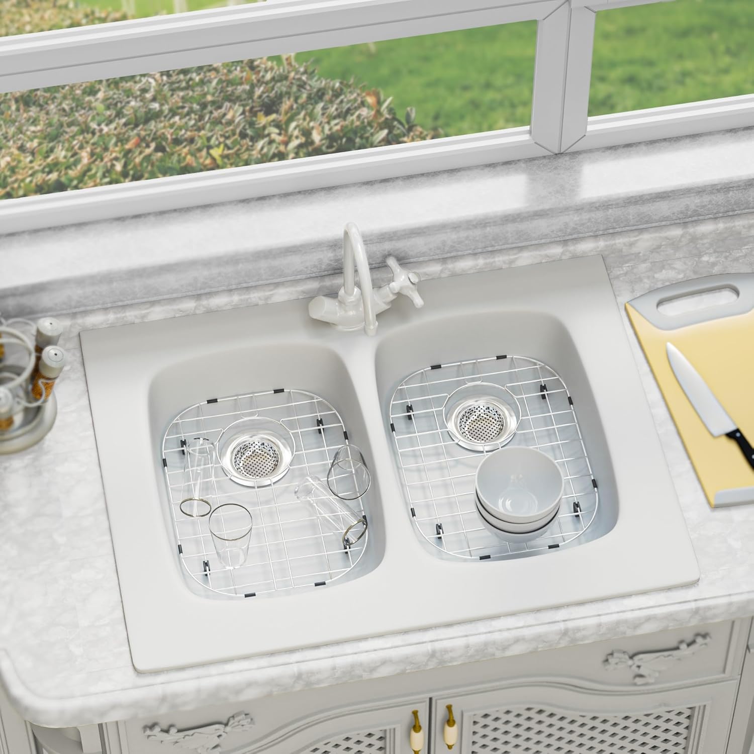 Kitchen Sink Bottom Grid Protector 14.6"L X 11.2"W, Stainless Steel Sink Grate with Rear Drain Universal Metal Sink Rack for Kitchen Double Bowl Sink, 2Pack