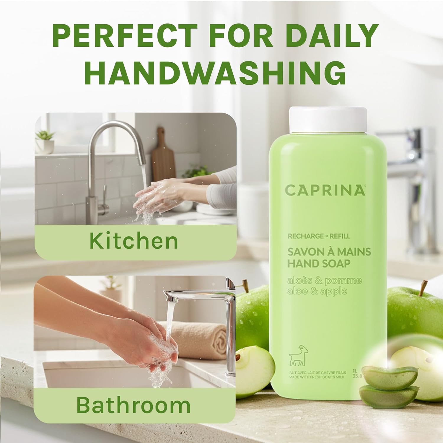 Caprina Liquid Hand Soap Refill, Aloe & Apple, 1 L, Fresh Goat’s Milk, Soothing Cleanser for Sensitive Hands