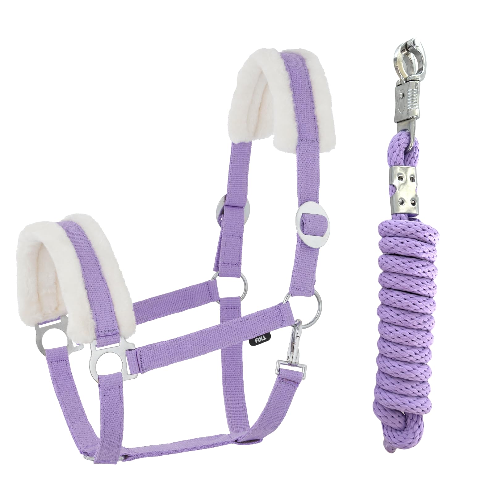 JA4004 Kunstfell Halfter Führstrick Set mit Panikhaken verstellbar Pferdehalfter Pferd Holzpferd Anbindestrick (Kunstfell Panikhaken Lavender, Pony)