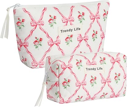 HAOGUAGUA 2 Pieces Makeup Bag, Small Large Quilted Cosmetic Bag, Travel Floral Make Up Toiletry Organizer Bag for Women Girls 2PCS STYLE A-1