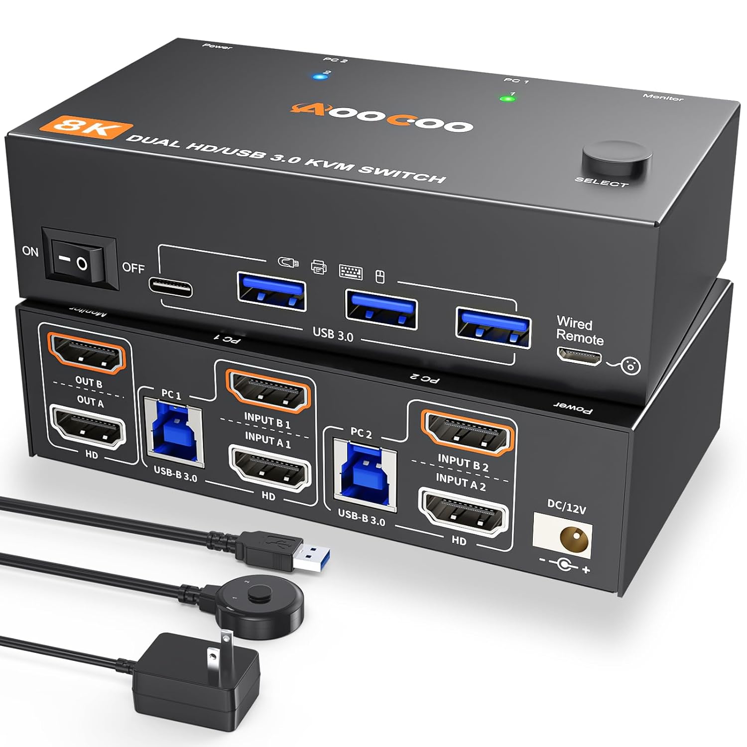 KVM Switch for 2 Monitors and 2 Computers, 8K@60Hz/4K120Hz, HDMI, USB 3.0, Dual Monitors with Wired Remote