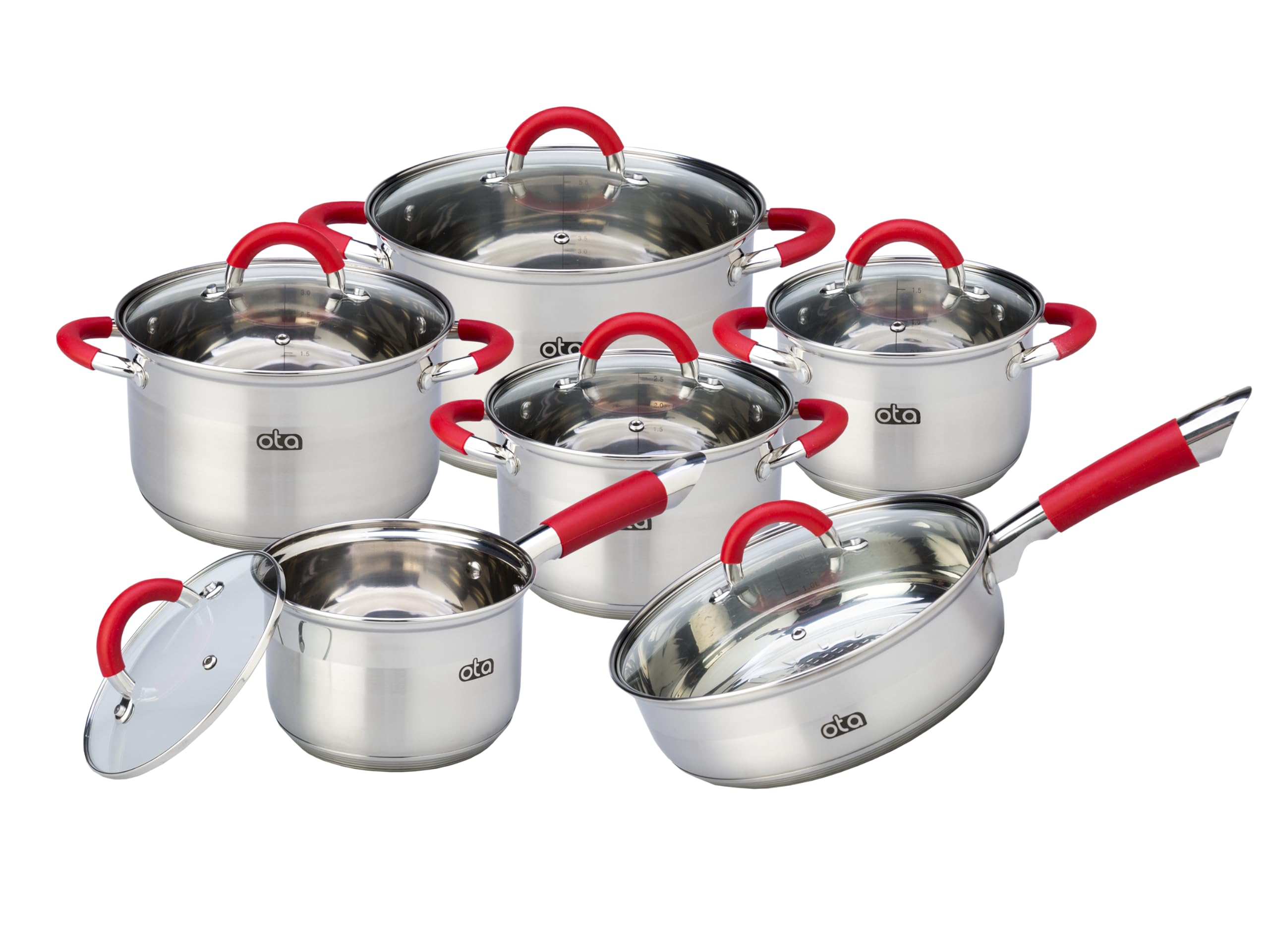 OTA Batería de Cocina 12 Piezas Acero Inoxidable Tapas de Cristal Apto para todo tipo de cocina con Asas Rojas