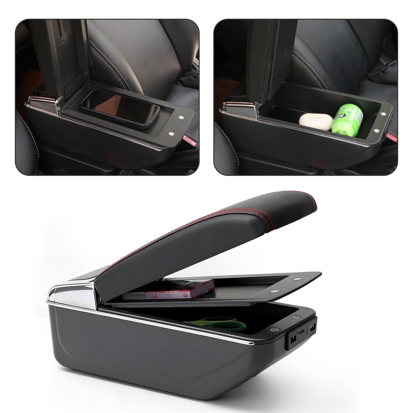YJYWZH für Peugeot 207 207CC Armlehnen Mittelarmlehne mit Ablagefach und Getrankehalter USB-Anschluss Autozubehör Konsole Armauflage Schwarz